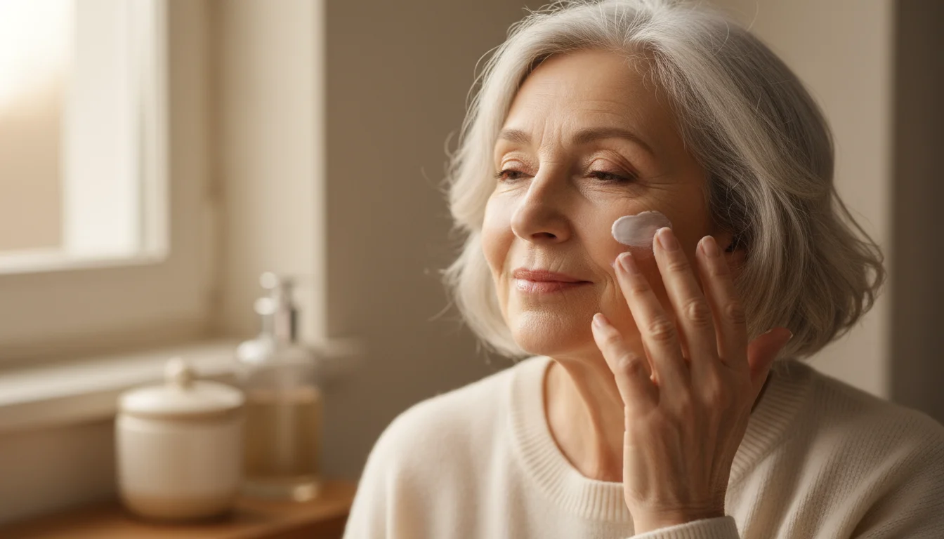 An older woman gently applies moisturizer to her cheek with a serene expression, showcasing well-cared-for skin.