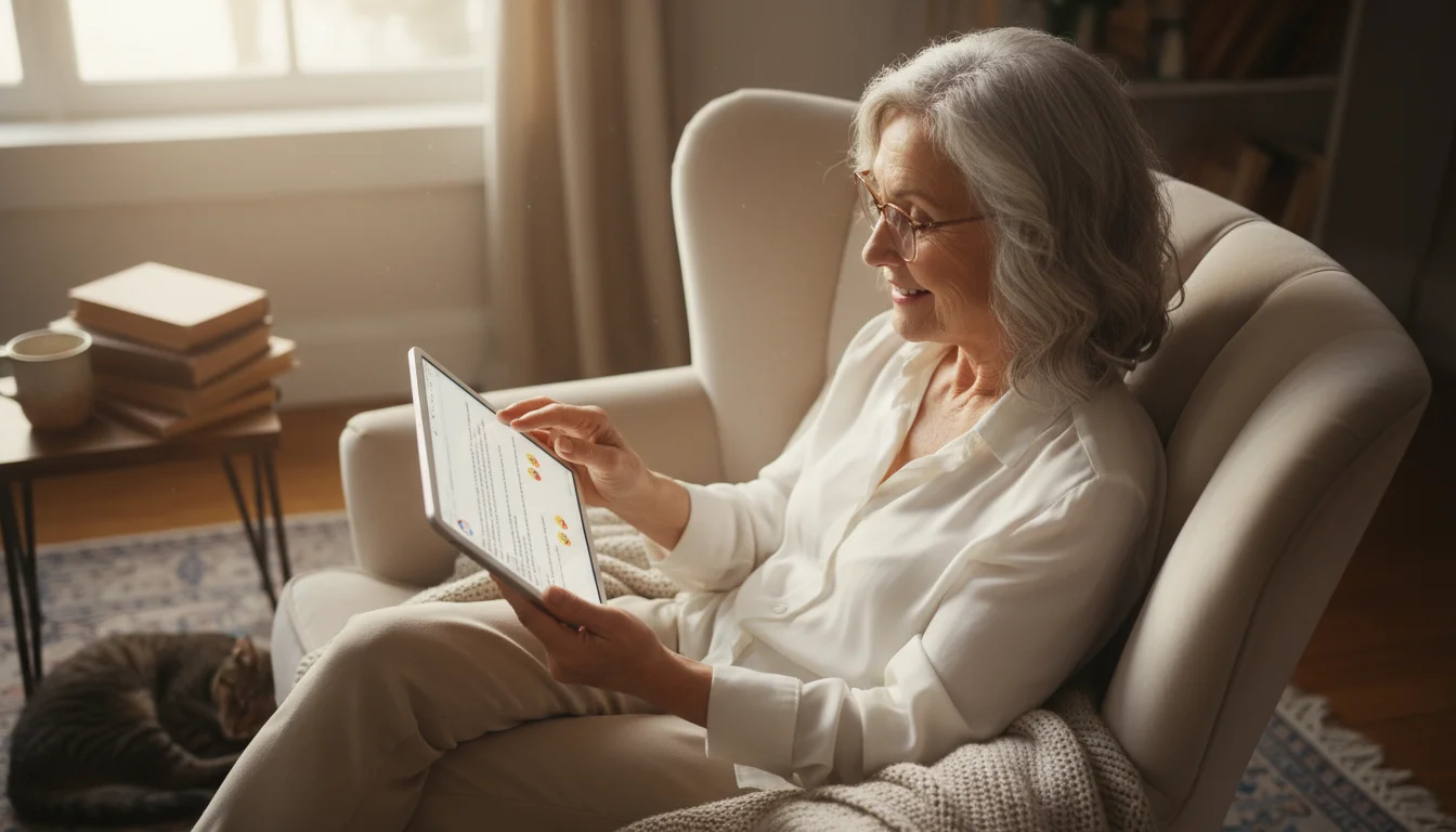 Older woman in an armchair smiling warmly while reading comments on her tablet in a sunlit living room.