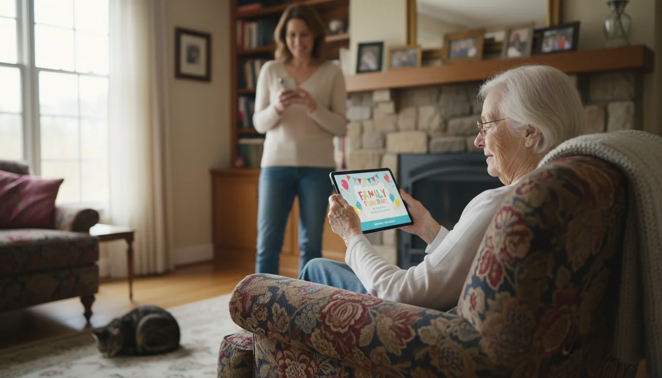 An older woman in an armchair views a digital invitation on a tablet. An adult daughter and young adult are also on their phones in a living room.