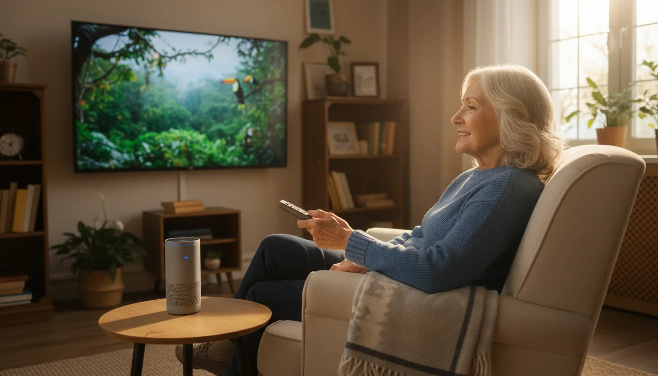 An older woman in an armchair watches a smart TV. A simplified remote is in her hand, and a smart speaker is on a table.