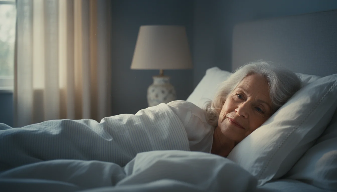 Older woman in bed, eyes softly open with a content expression, bathed in cool morning light.
