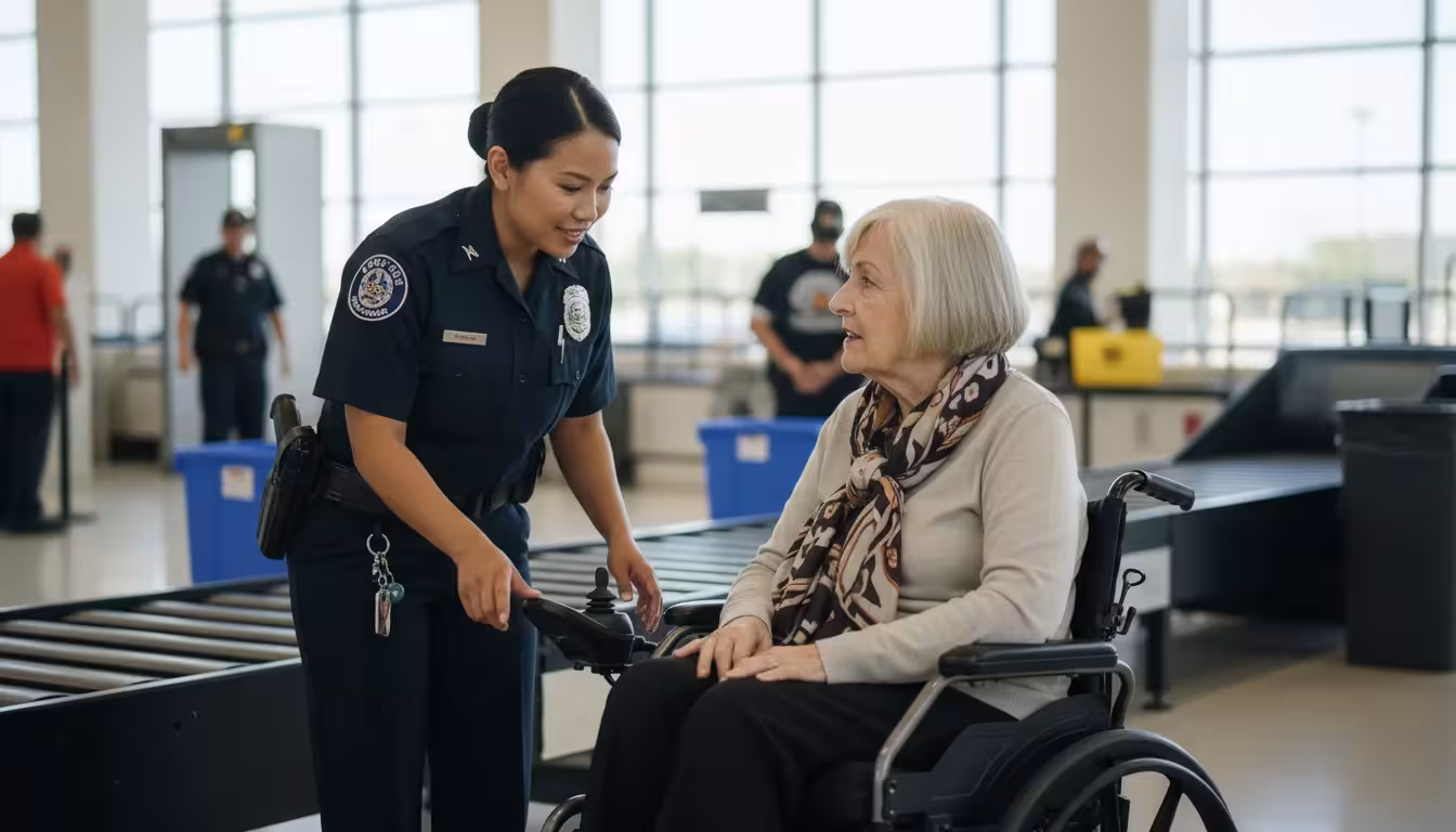 An older woman in a black power wheelchair, her daughter, and a TSA officer talking at an airport security checkpoint.