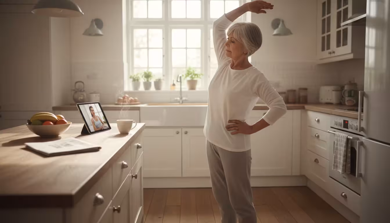 Older woman in a bright kitchen doing gentle standing stretches, watching an online fitness video on a tablet.