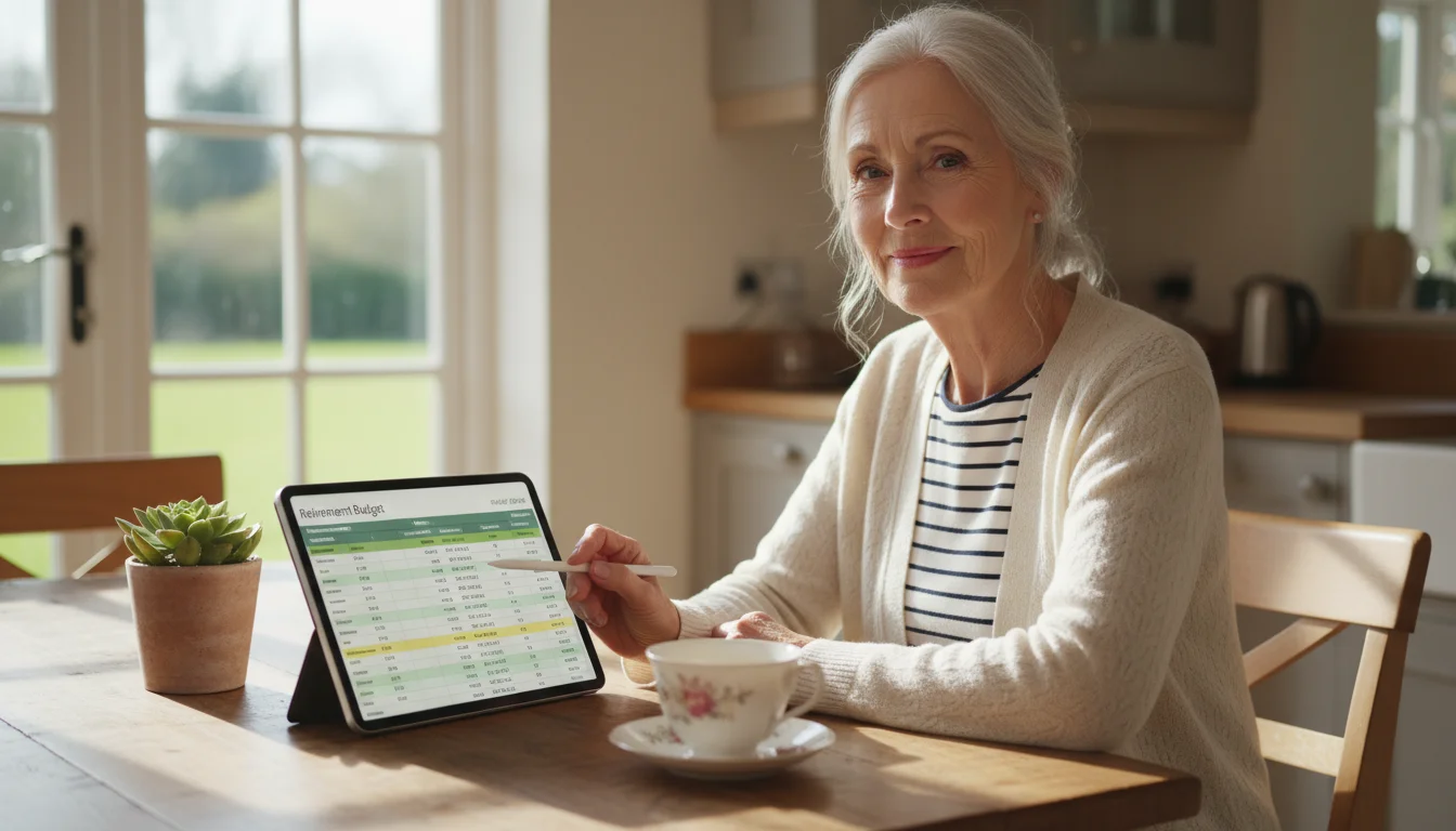 An older woman with a calm expression looking at a budget spreadsheet on a tablet at a sunlit kitchen table, with a teacup.