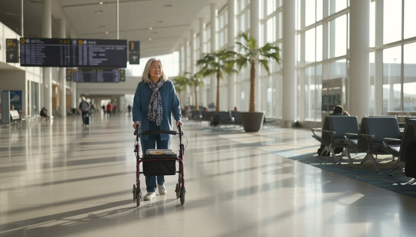 Older woman calmly navigates an uncrowded airport terminal with a rollator walker in soft morning light.