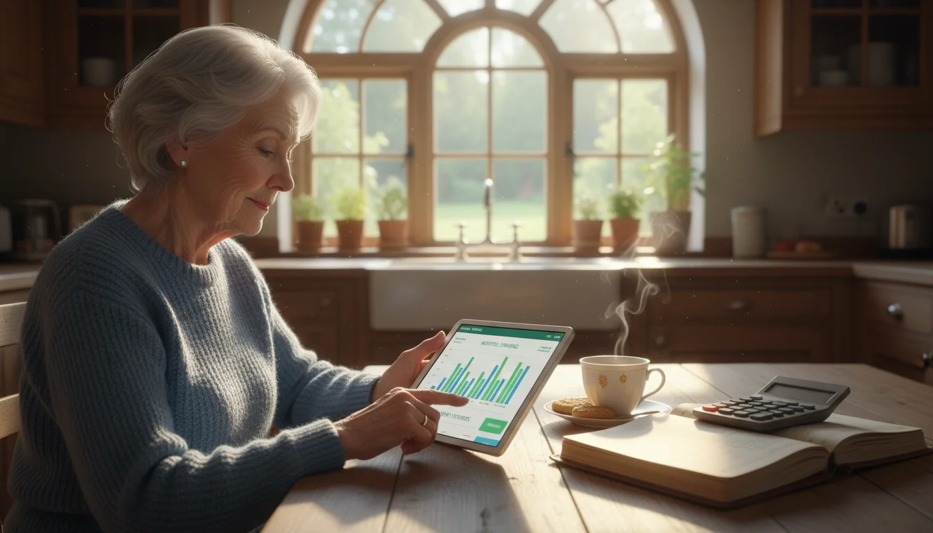 Older woman calmly reviewing financial charts on a tablet at a kitchen table. An old ledger and calculator sit unused nearby.