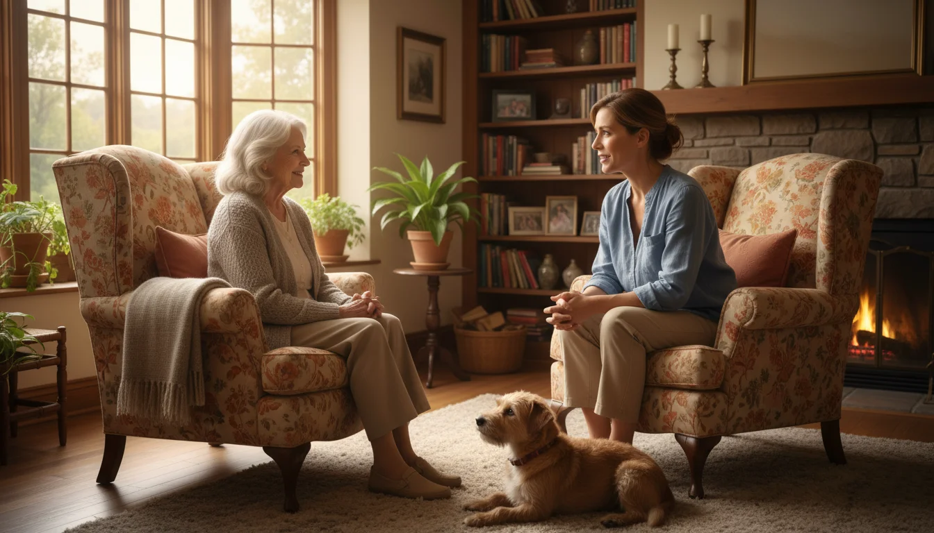 Older woman and caregiver candidate smiling, conversing in a comfortable living room, with a small dog by the caregiver's feet.