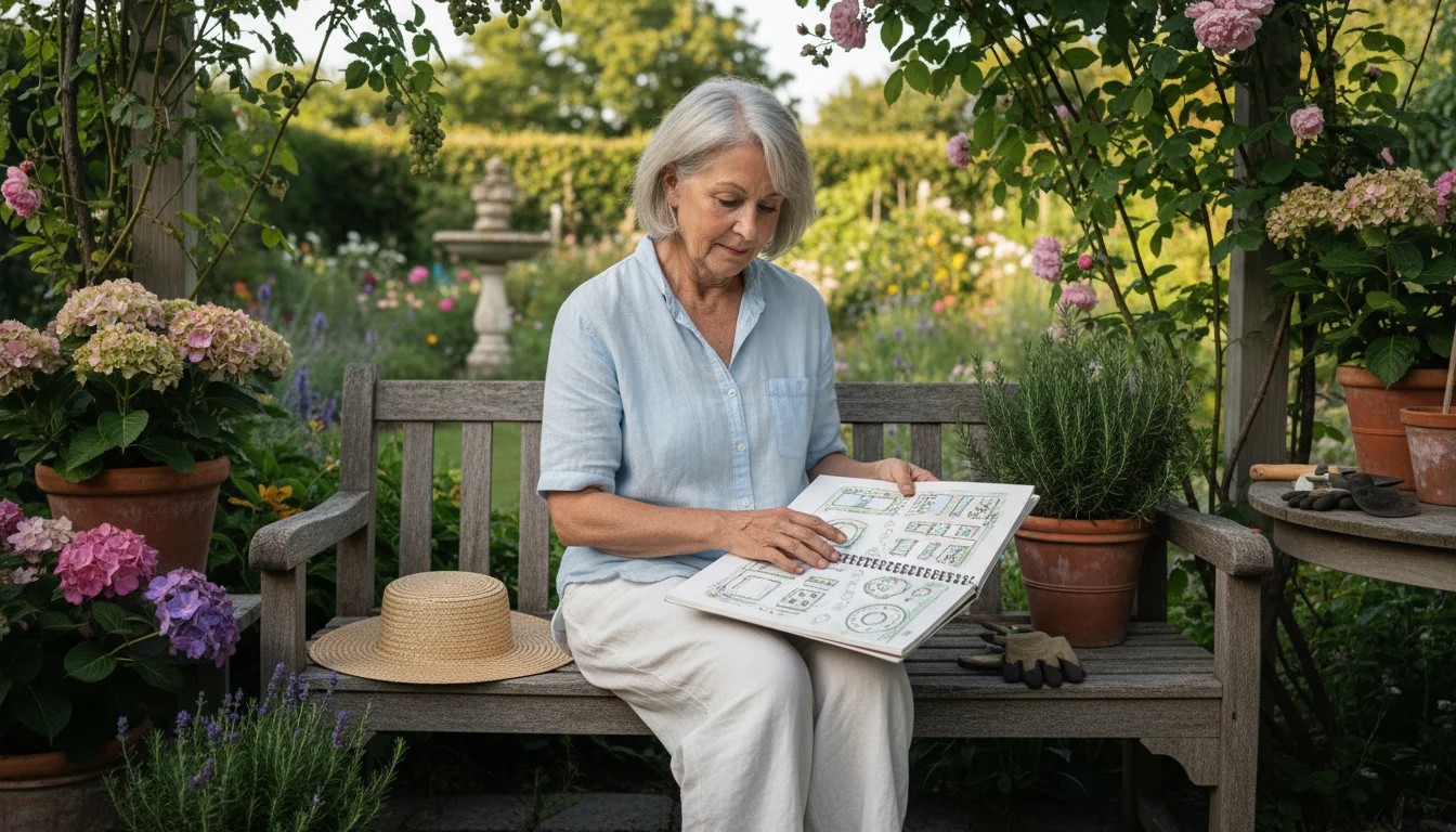 An older woman in comfortable clothes sits on a shaded bench, thoughtfully reviewing a hand-drawn garden layout in her notebook.