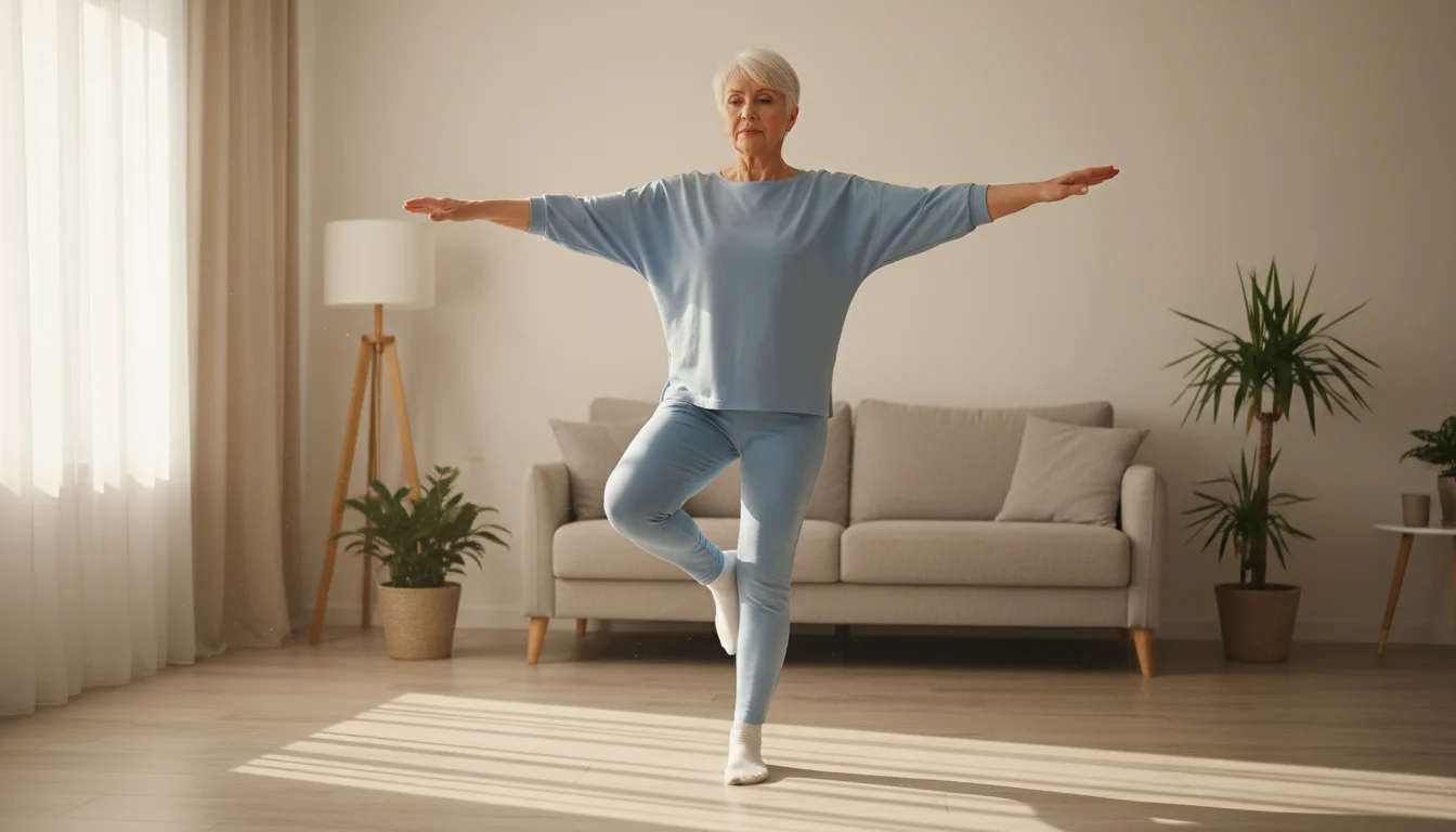 An older woman in a comfortable living room doing a balance exercise, looking focused. A tablet in the background shows an online class.