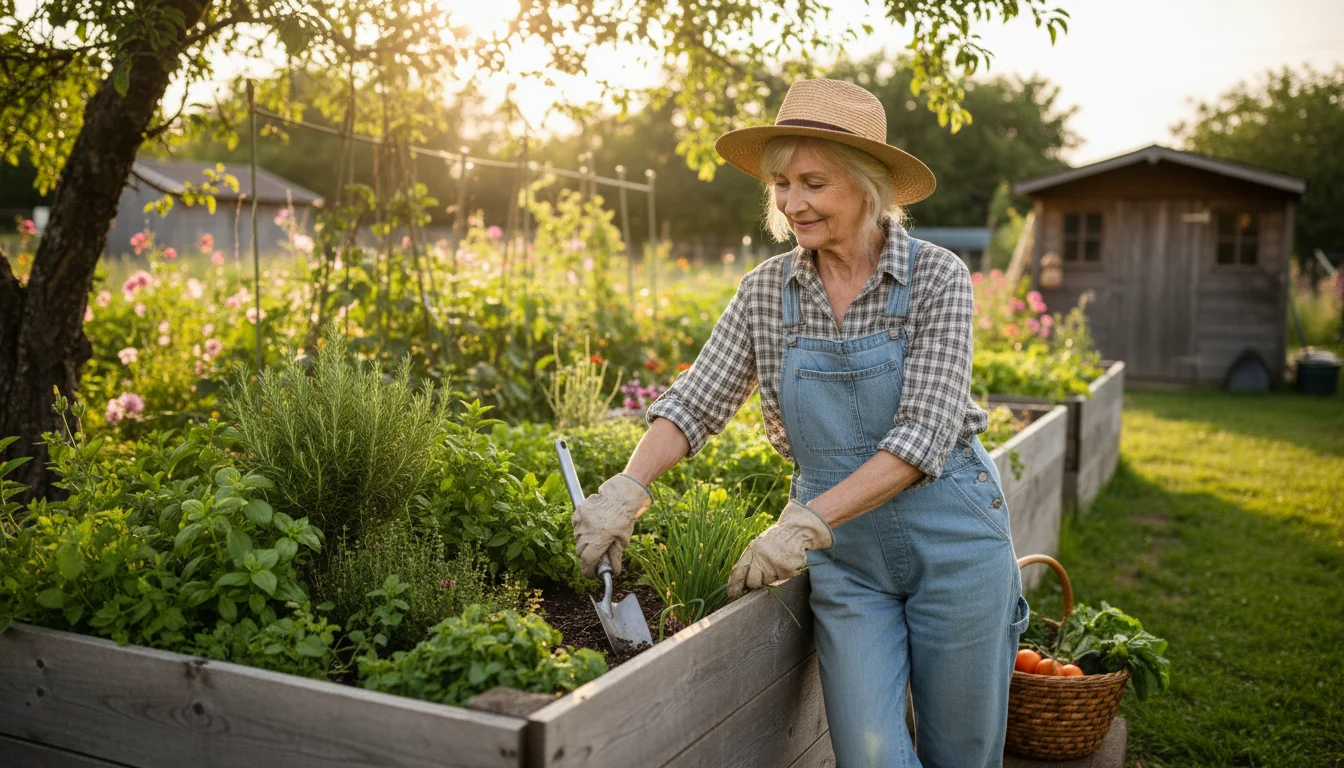 An older woman comfortably tends a raised garden bed with a long-handled tool, sunlight dappling the scene.