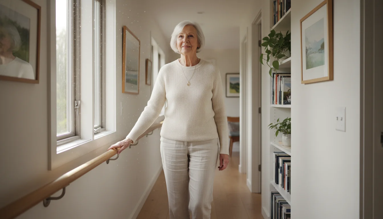 An older woman confidently walks down a well-lit hallway, her hand lightly touching a wooden handrail.