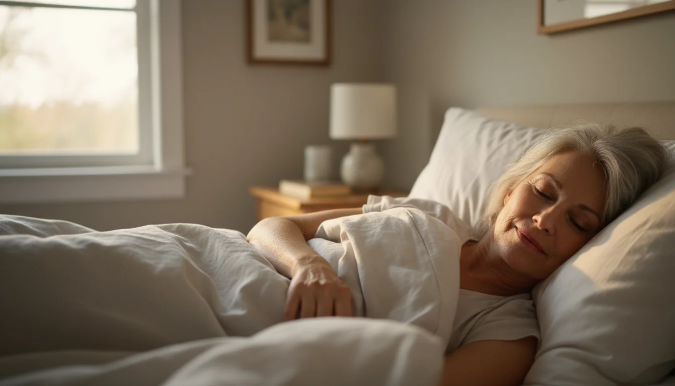 An older woman with a content smile is gently waking up in a warm, softly lit bedroom, looking genuinely rested.