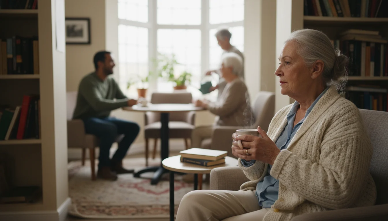 An older woman in a cozy cardigan holds a mug, deep in thought, in a bright communal lounge with blurred active seniors in the background.