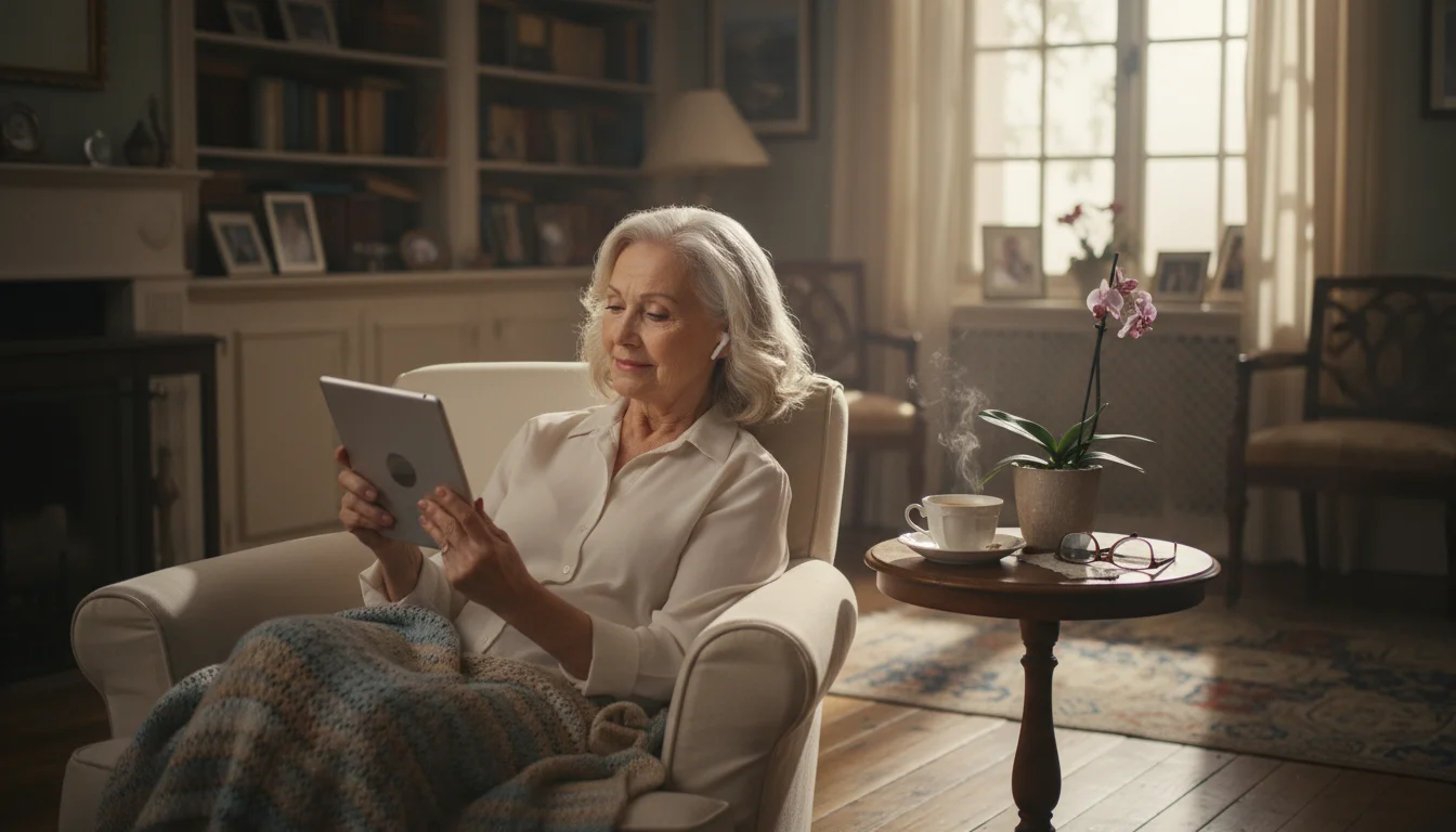 An older woman with earbuds sits in an armchair, holding a tablet and smiling gently, absorbed in listening.