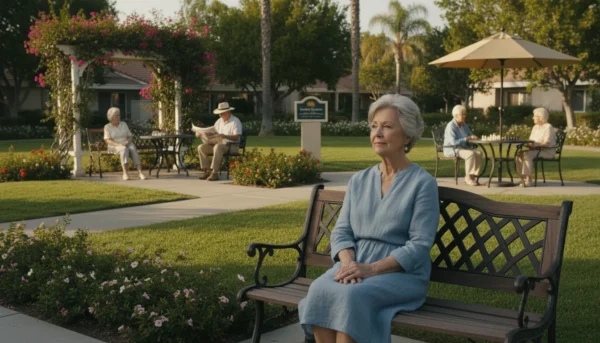 Older woman, early 70s, on a bench in a sunny community park, observing a quiet area populated only by other older adults.