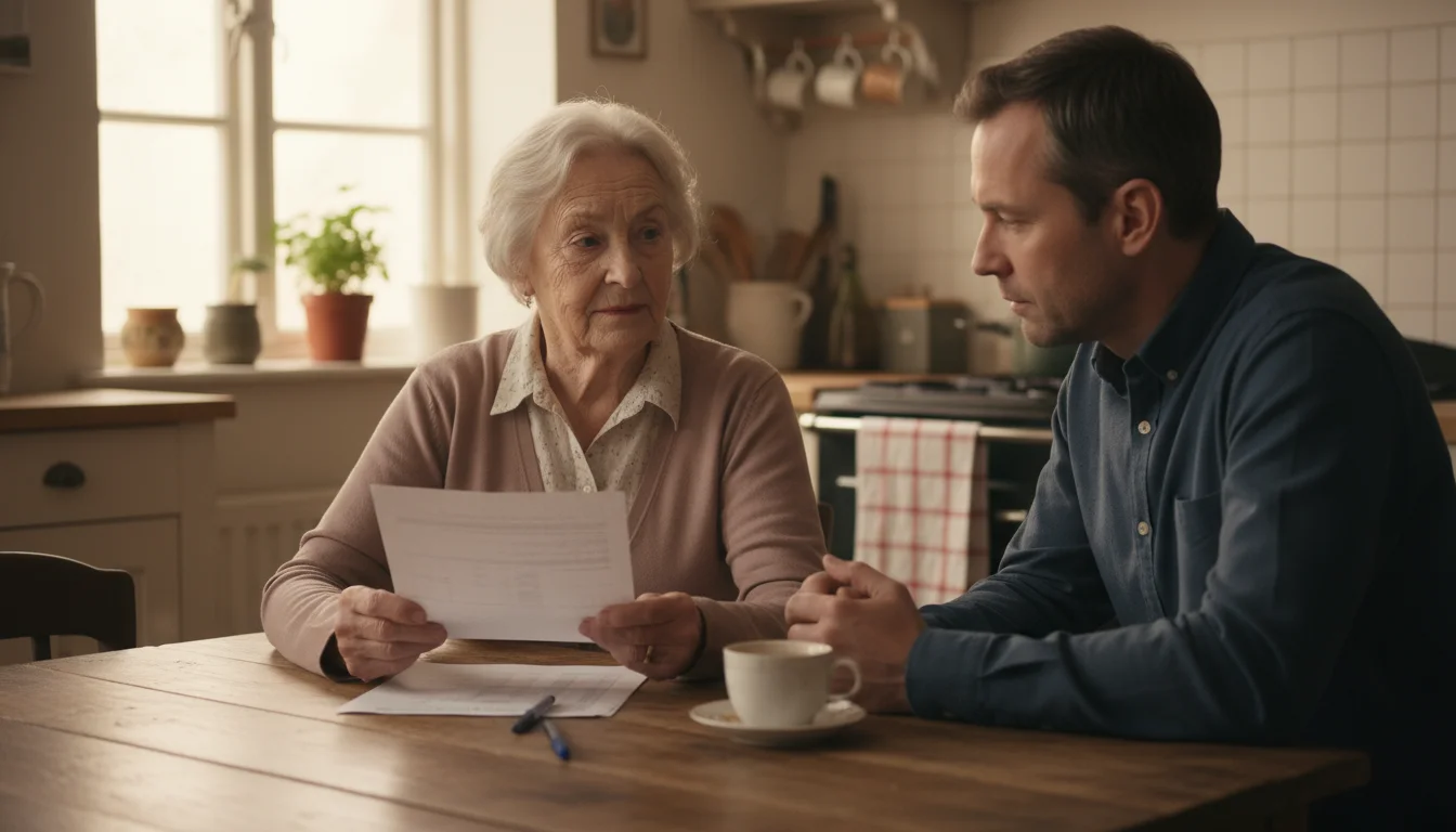 Older woman, early 70s, calmly discusses finances with her adult son at a kitchen table, holding a document to set boundaries.