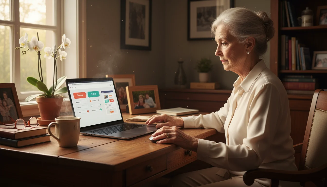 An older woman, early 70s, sits at a desk with a laptop, looking intently at a web dashboard interface, hand on mouse.