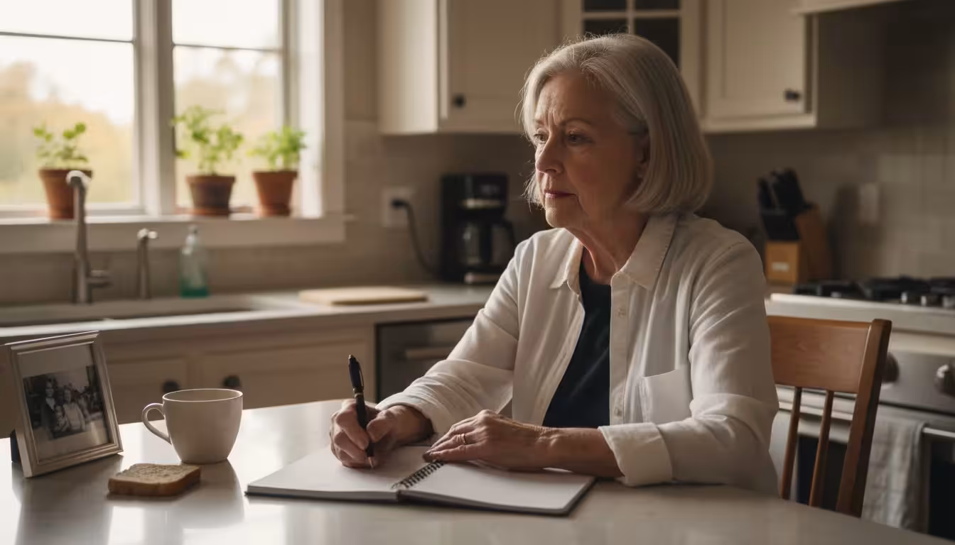 An older woman, early 70s, sits at a kitchen island, looking thoughtfully at her kitchen while holding a pen over a notebook.