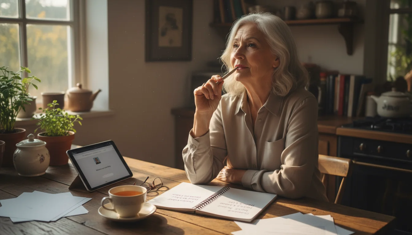 An older woman, early 70s, thoughtfully brainstorming blog domain names at a kitchen island, surrounded by handwritten notes and a tablet.