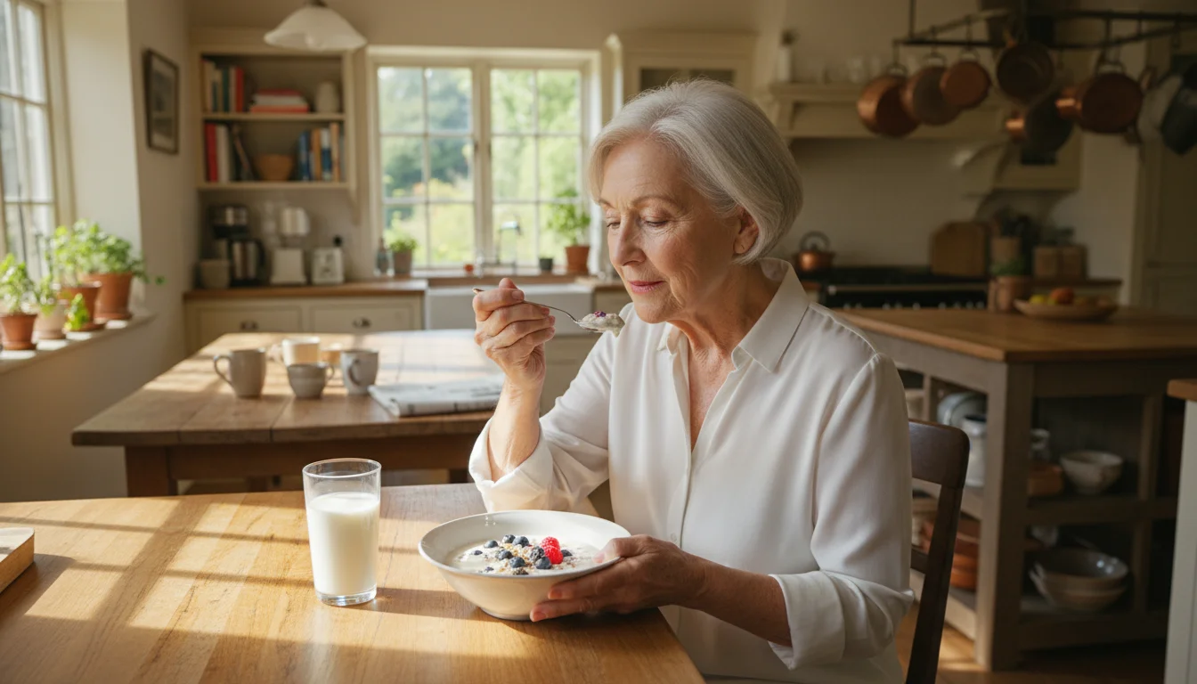 Older woman eating yogurt and berries at a bright kitchen counter, with milk and kale nearby.