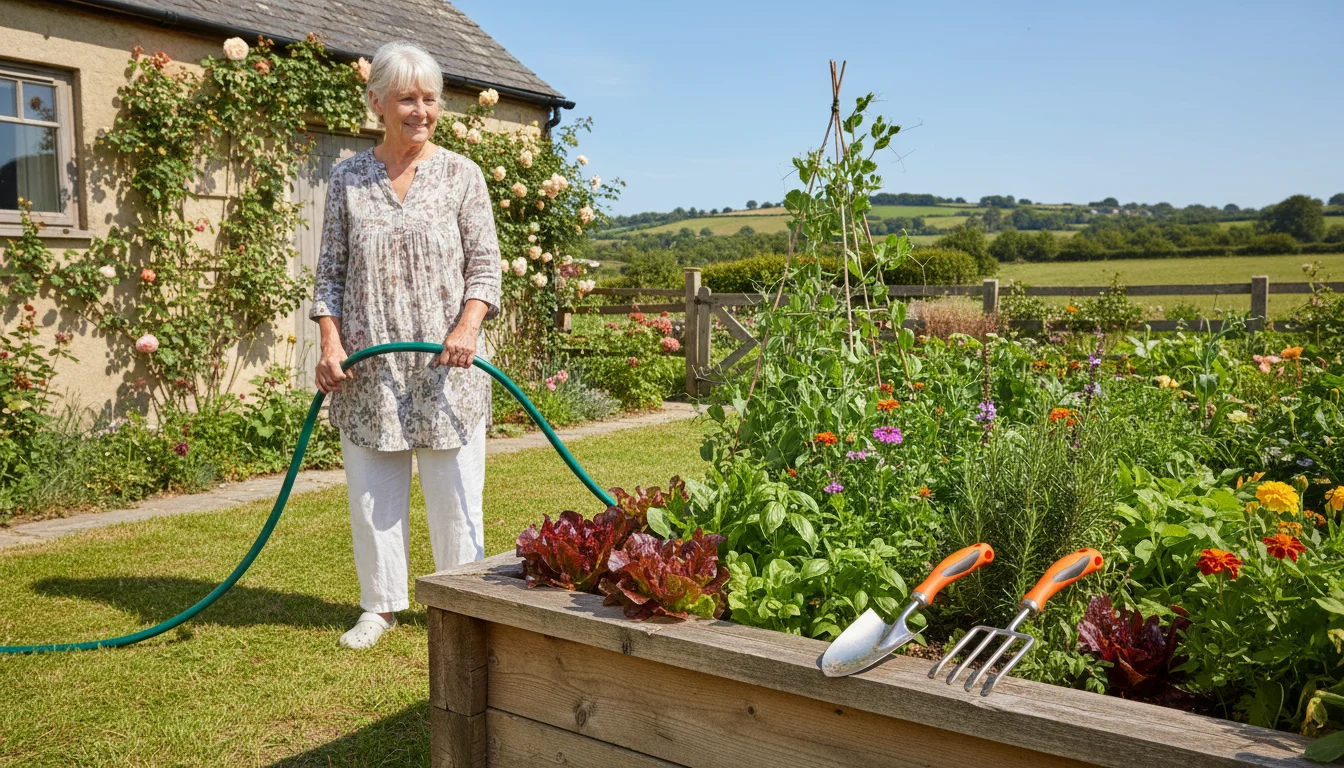 Older woman effortlessly pulls a lightweight garden hose across a raised bed. Ergonomic trowel and hand fork rest nearby.