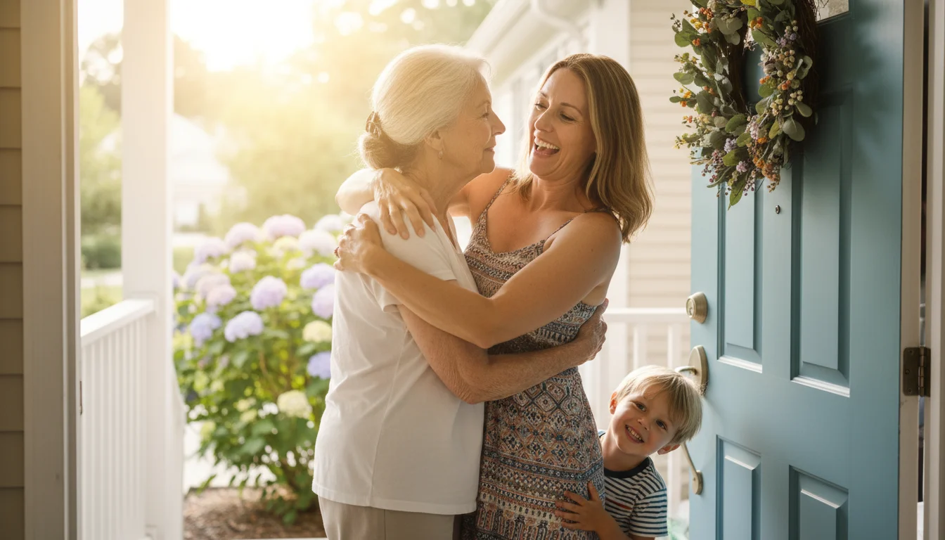 Older woman embracing adult daughter at an open front door, while a young grandchild peeks excitedly from behind the daughter.