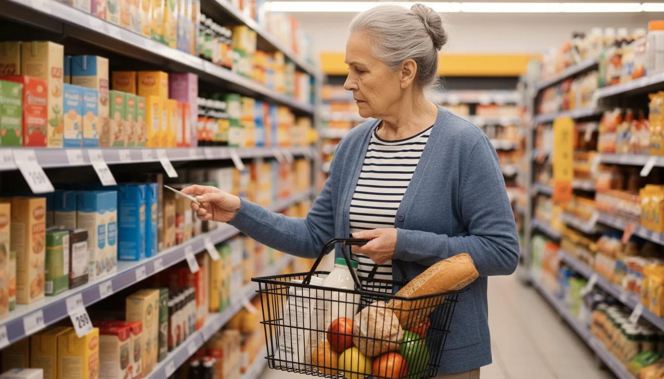 An older woman carefully examines a price tag in a grocery store, holding a partially filled shopping basket.