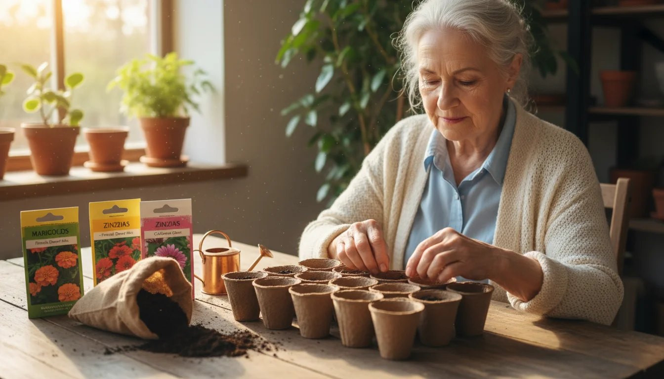 An older woman with a focused expression plants seeds in small pots on a wooden table, surrounded by seed packets.