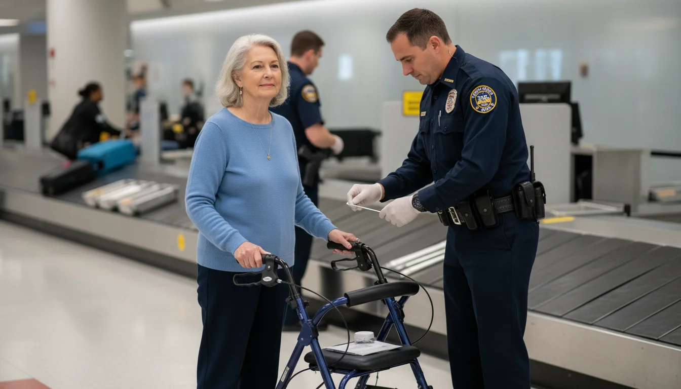 An older woman with a four-wheeled walker stands calmly at airport security while a TSA officer swabs the walker.