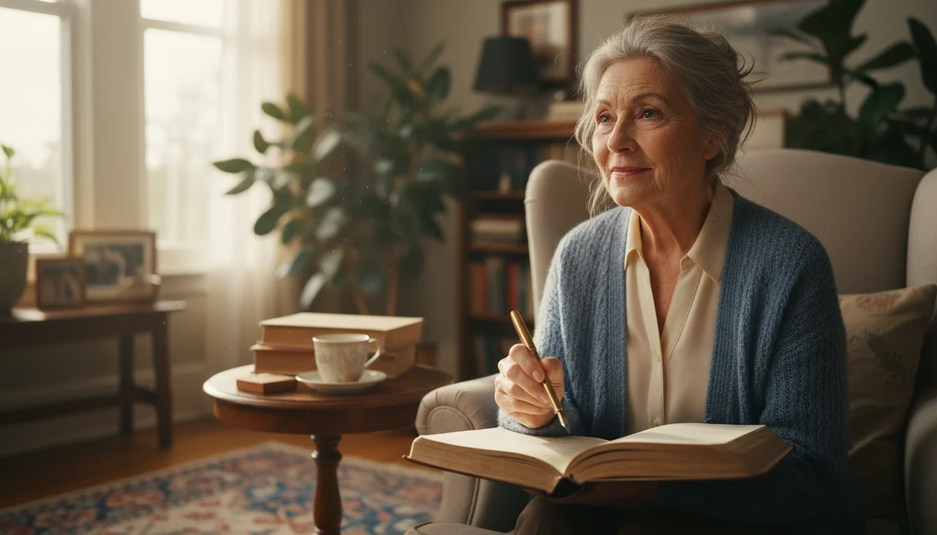 Older woman with a gentle, reflective expression, holding a fountain pen over an open journal in a sunlit living room.