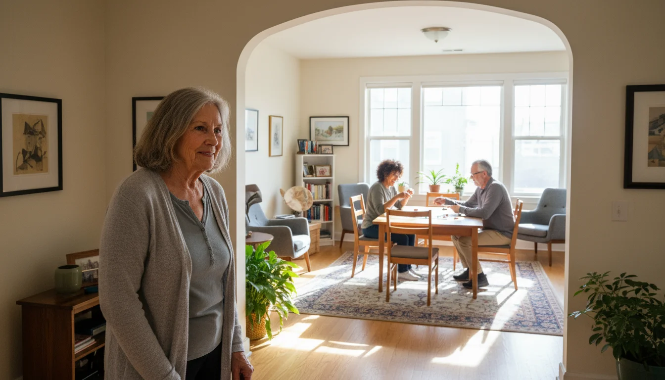 An older woman with a gentle smile looks through a doorway into a brightly lit common room, observing residents engaged in quiet, everyday activities.