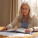 Older woman in glasses calmly reviews financial documents at a dining table, a blurred family photo in the background.
