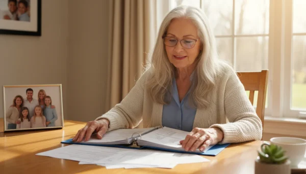 Older woman in glasses calmly reviews financial documents at a dining table, a blurred family photo in the background.