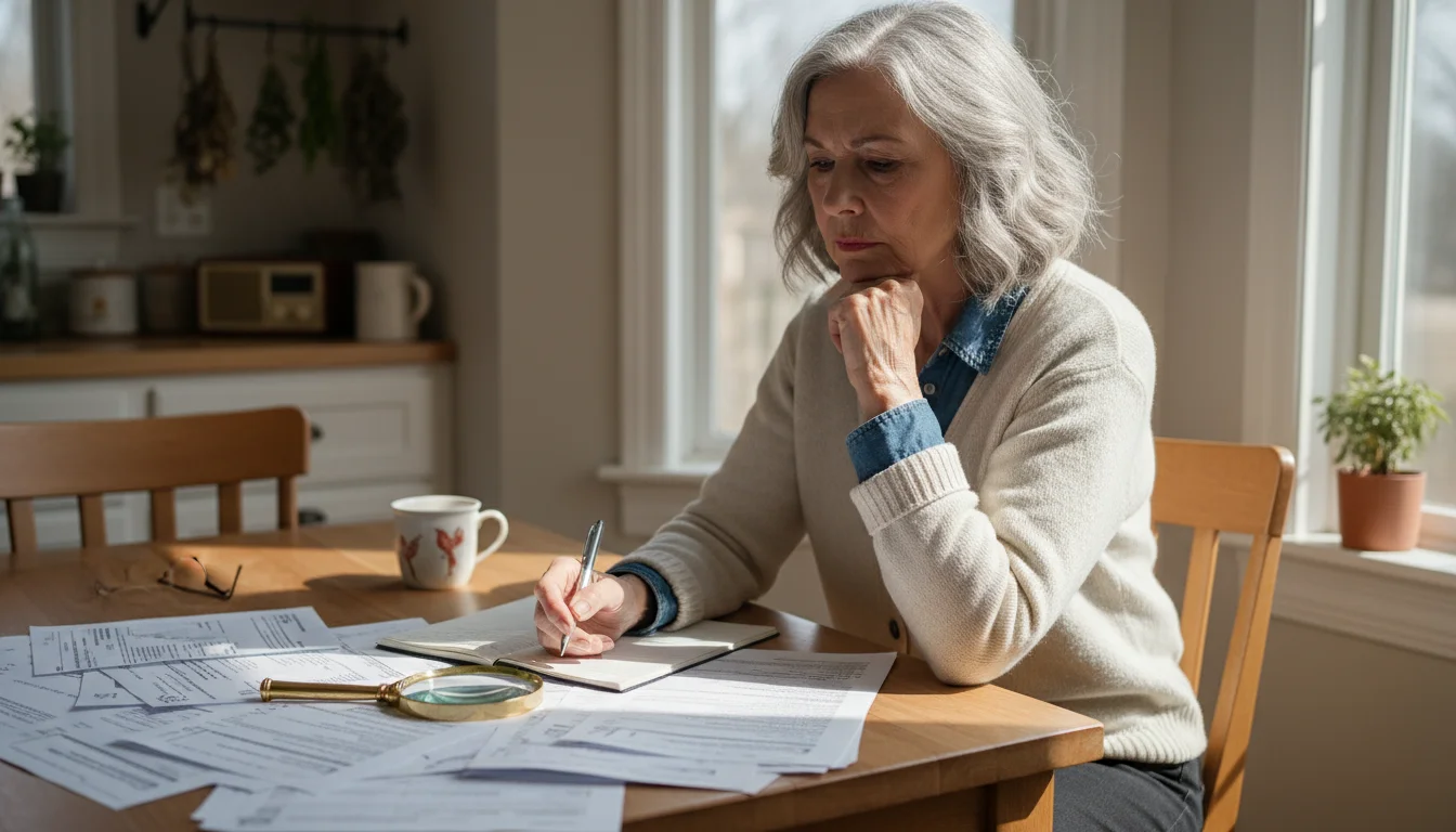 An older woman with glasses on her head intently studies complex medical bills at a sunlit kitchen table, a magnifying glass and notebook nearby.