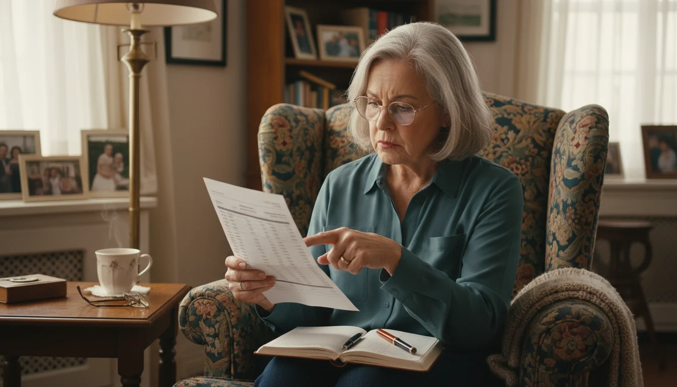 An older woman in glasses sits on an armchair, thoughtfully reviewing a financial statement with a ledger nearby. A community view is outside.