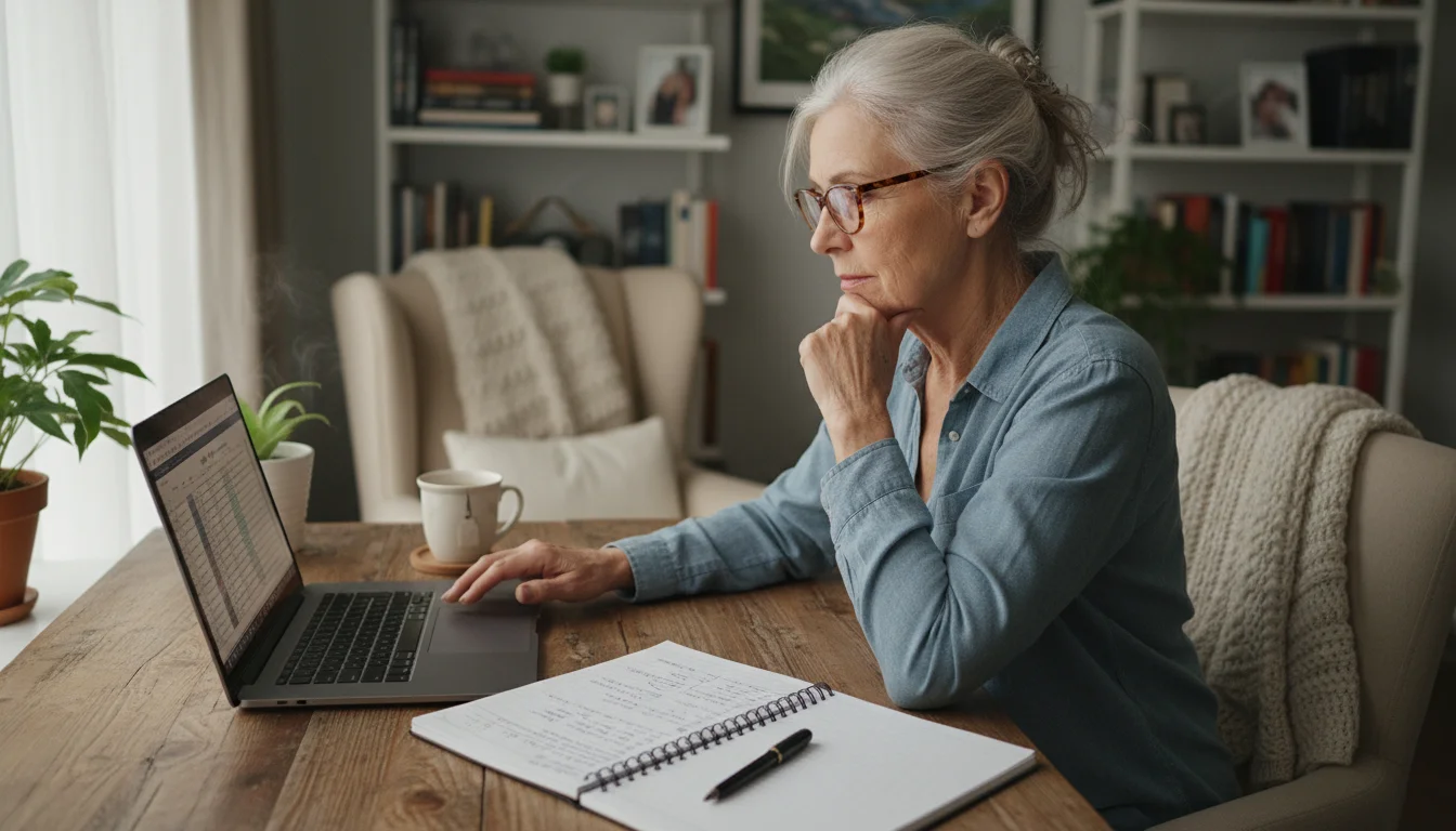 An older woman in glasses sits at a desk, looking thoughtfully at a laptop screen. An open notebook with notes and a pen are next to it.