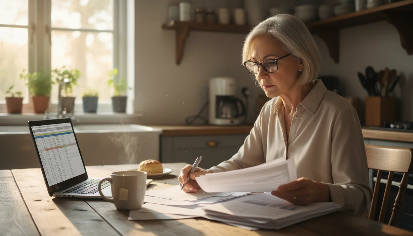 An older woman with glasses sits at a kitchen table, looking intently at financial papers and a laptop, planning her finances.