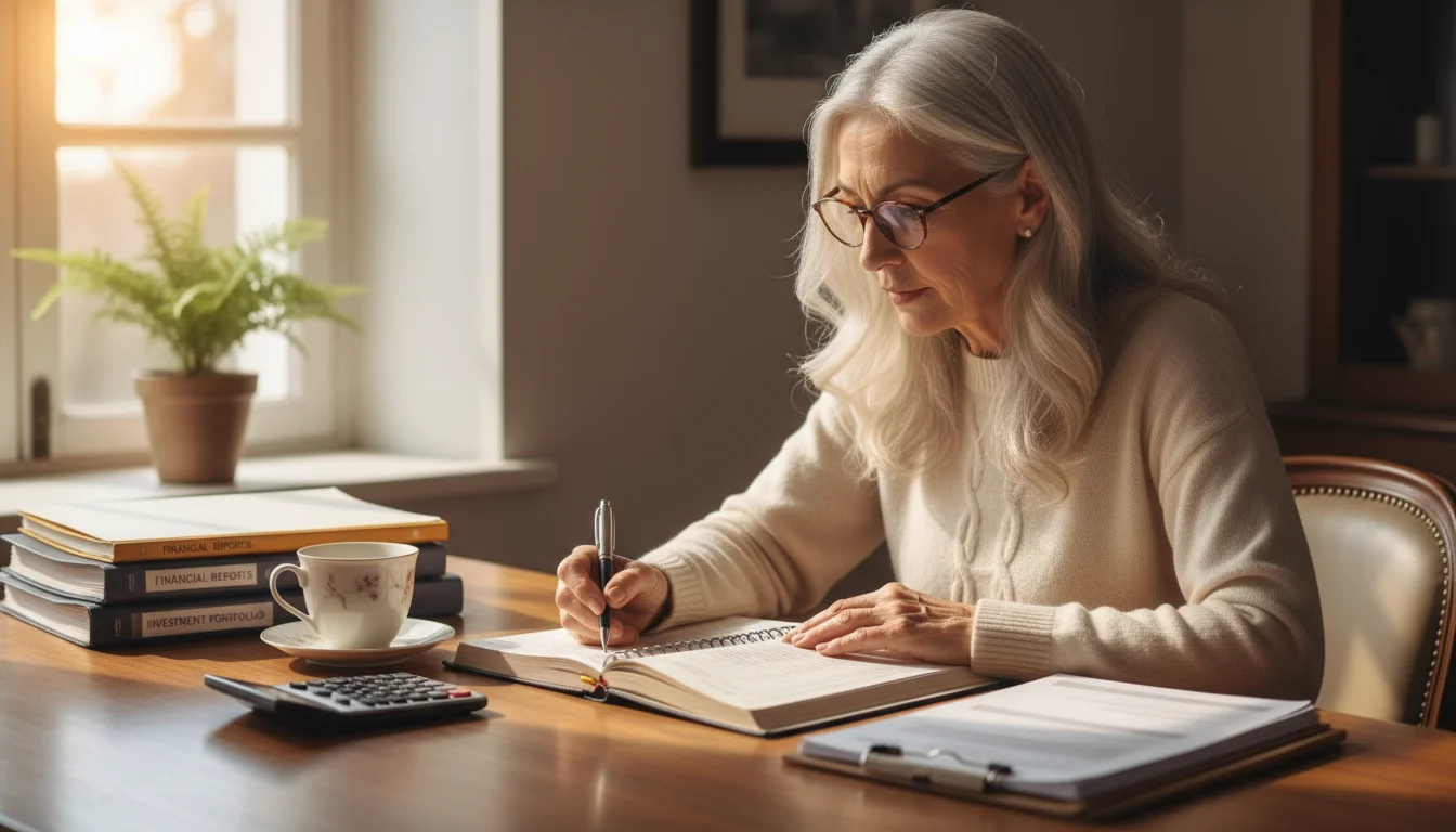 An older woman with glasses sits at a wooden desk, tapping a pen on an open financial planner. Her expression is focused and calm.