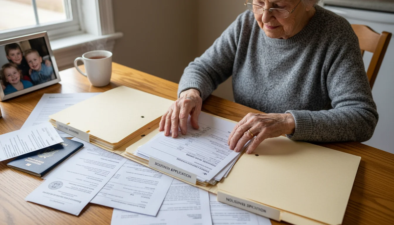 An older woman in glasses sits at a wooden table, carefully placing a bank statement into a manila folder filled with other documents.