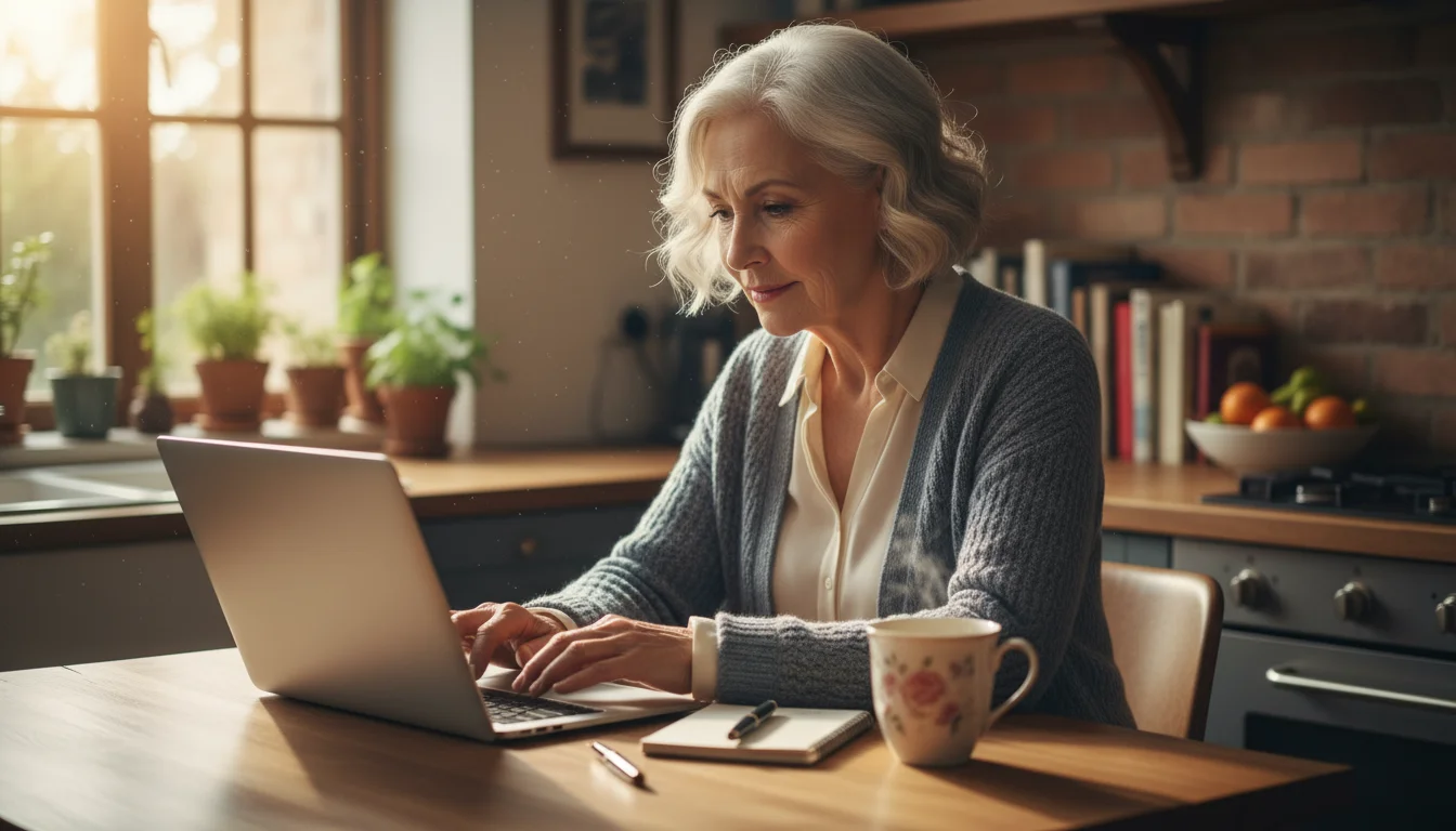 An older woman with glasses, sitting at a kitchen island, typing on a laptop with a focused expression. A mug and notebook are beside the computer.