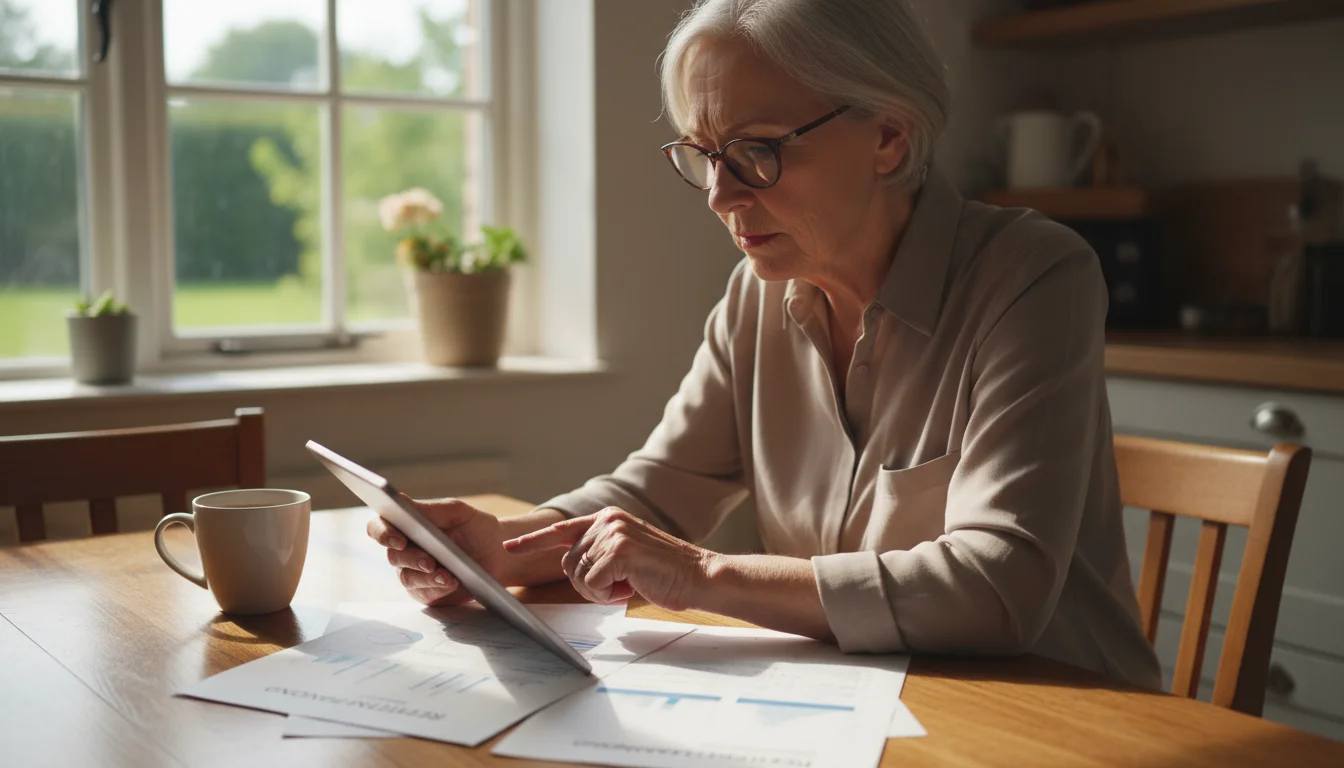Older woman with glasses thoughtfully reviewing financial information on a tablet at her kitchen table.