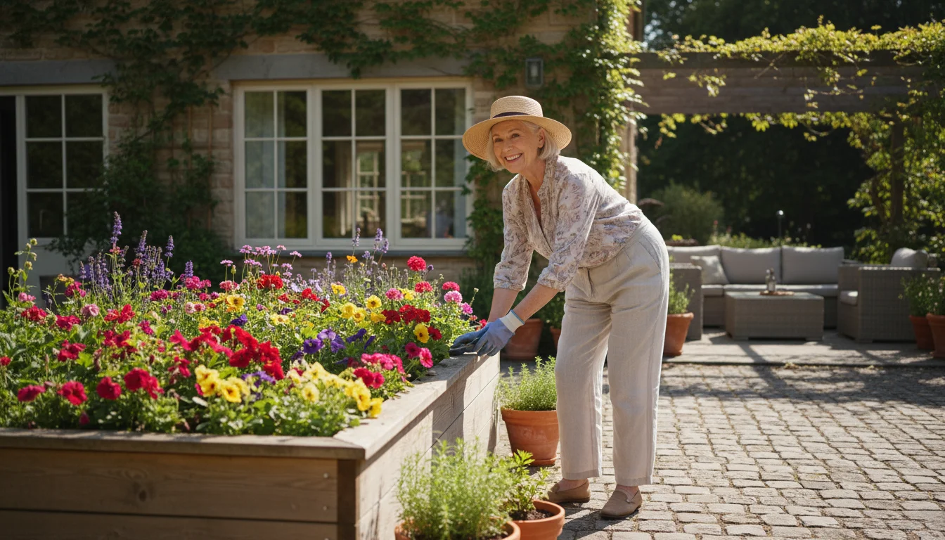 An older woman with gray hair, smiling gently, leans to tend flowers in a raised garden bed on a sunny patio, showing ease and confidence.