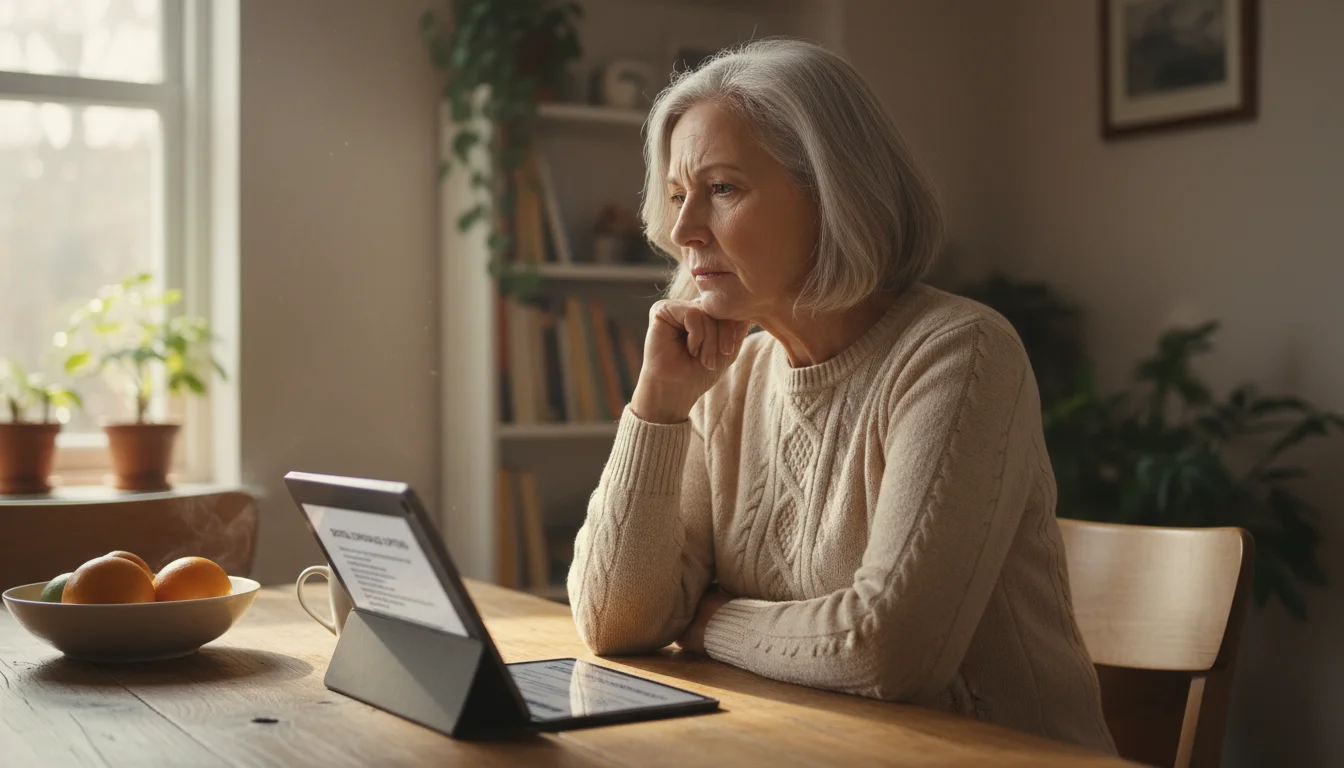 Older woman with gray hair thoughtfully reviewing dental insurance information on a tablet at her dining table.