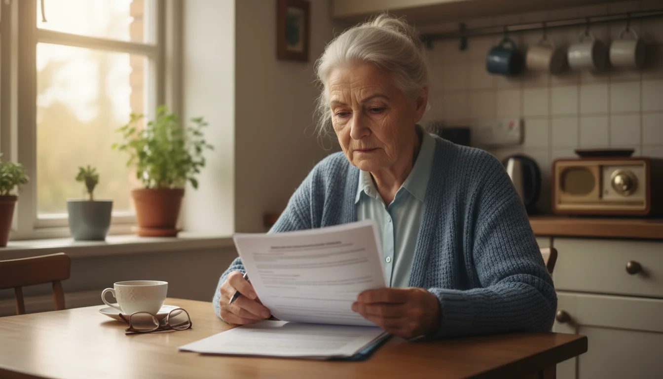 Older woman with grey hair sitting at a simple table, looking at official papers in soft window light. Her expression is thoughtful.