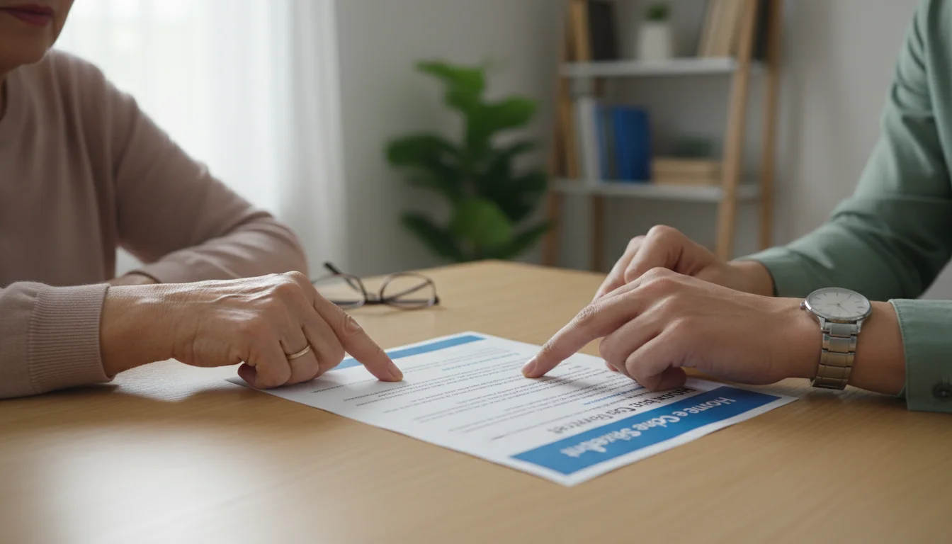 Older woman's hand and younger adult's hand pointing at different paragraphs of a home care service contract on a wooden table.