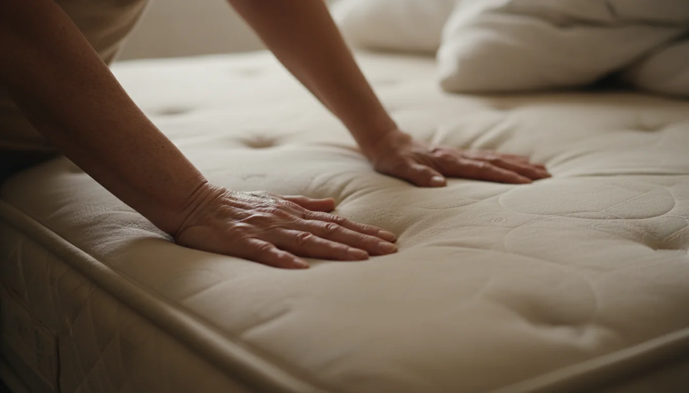 An older woman's hands, with age spots and wrinkles, pressing into a worn beige mattress, testing its support.
