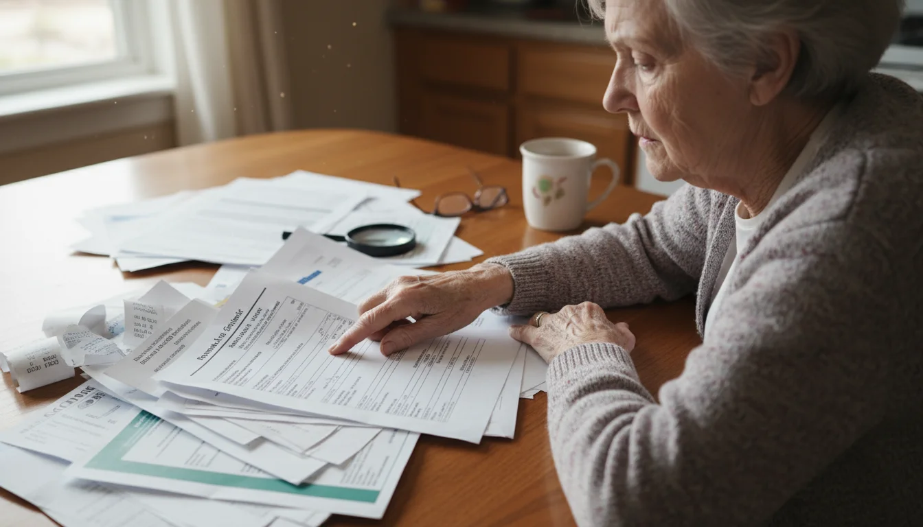 An older woman's hands carefully examine medical bills on a wooden table, her finger pointing to a specific charge.