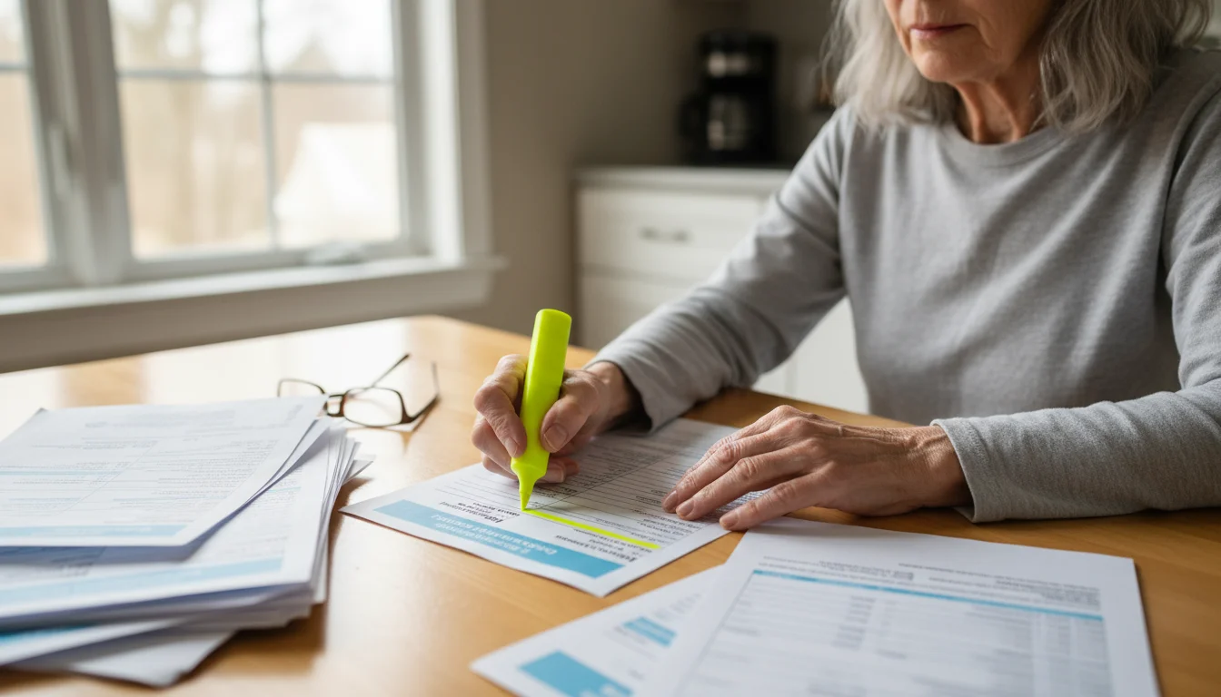 Older woman's hands highlight a medical bill on a kitchen table, surrounded by stacks of EOBs, hospital bills, and notes.