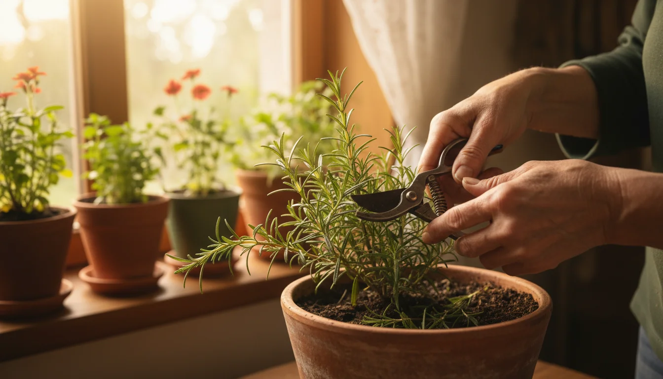 Older woman's hands carefully prune a flourishing rosemary plant in a pot, with a laptop showing a blog post softly blurred in the background.
