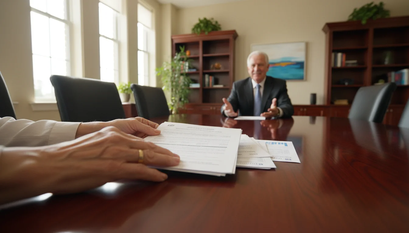An older woman's hands push financial documents across a table towards a hospital financial counselor.
